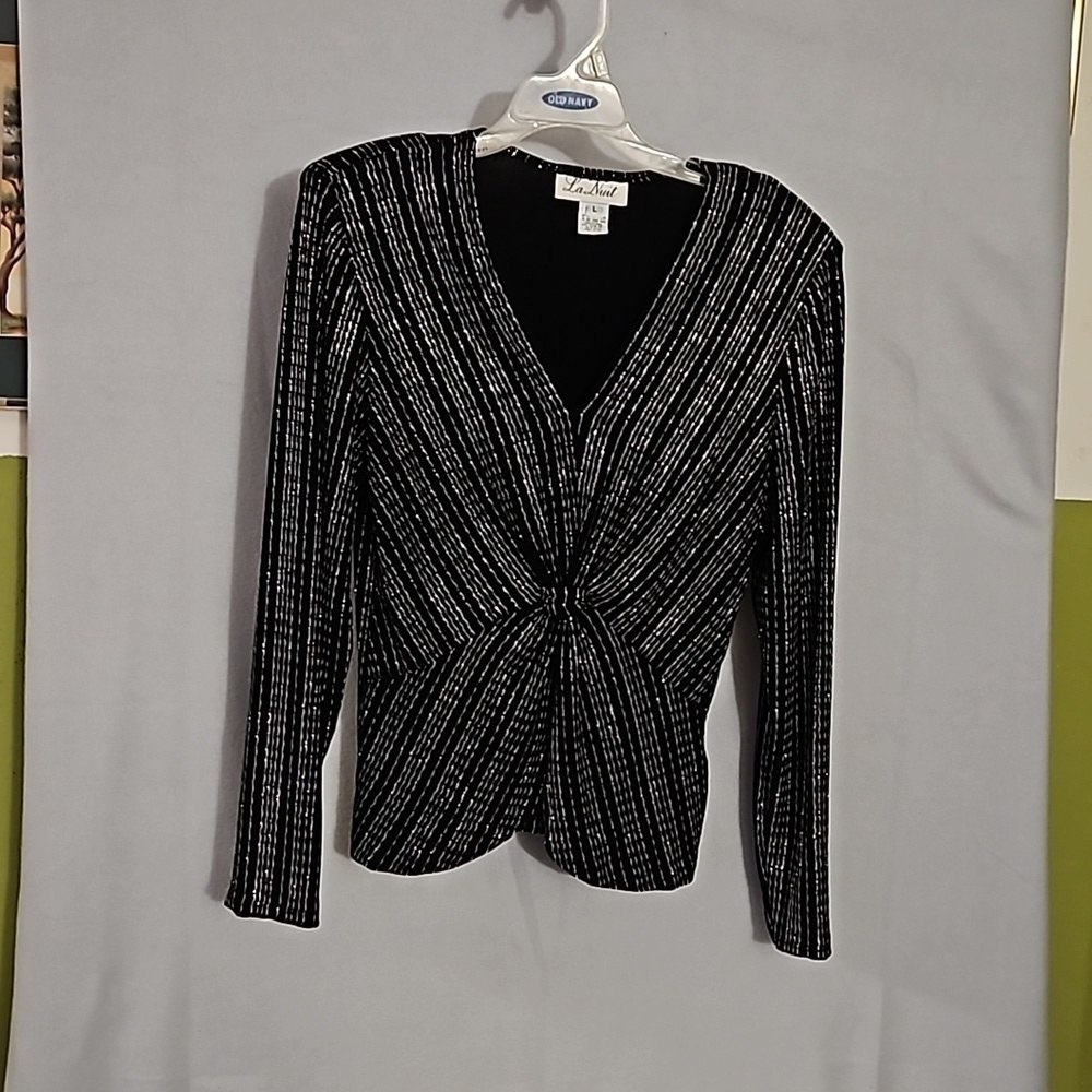 Vintage La Nuit Long Sleeve  Top Sz L Black with  Silver wave embellishments